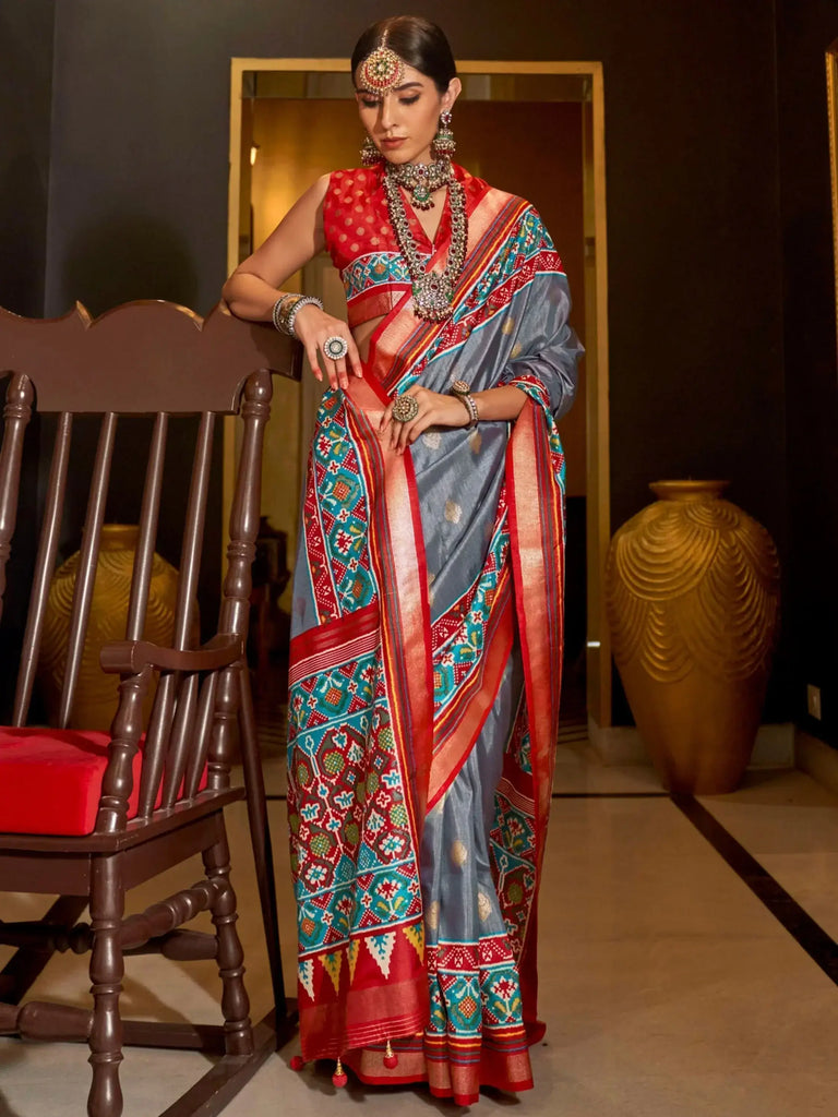 Outstanding Grey Silk Patola Event Wear Saree With Blouse