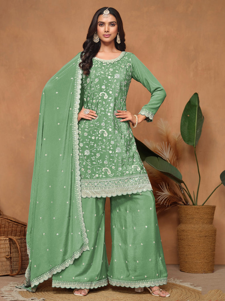Rich Pista Green Thread Work Chinon Festive Wear Salwar Suit