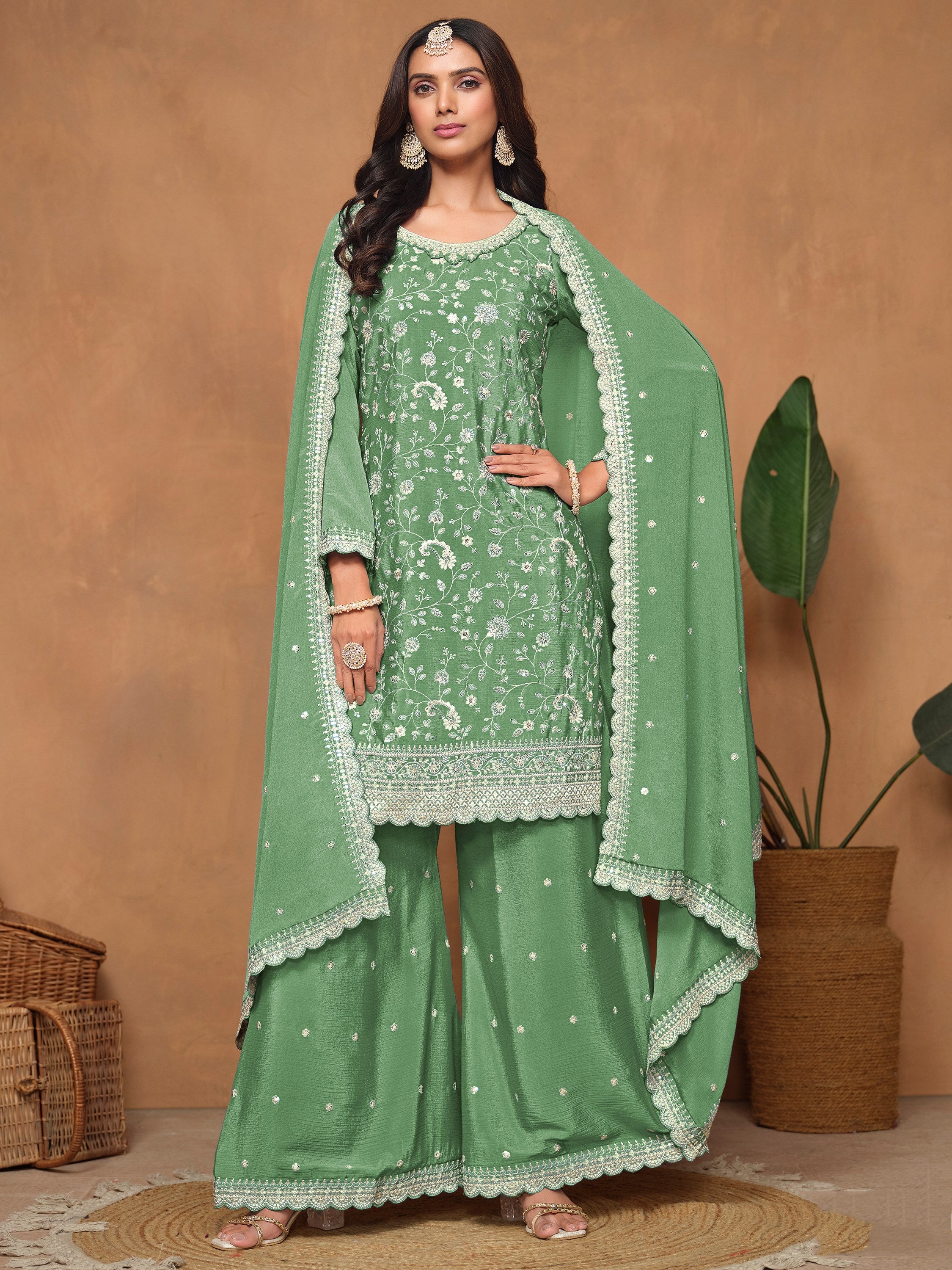 Rich Pista Green Thread Work Chinon Festive Wear Salwar Suit
