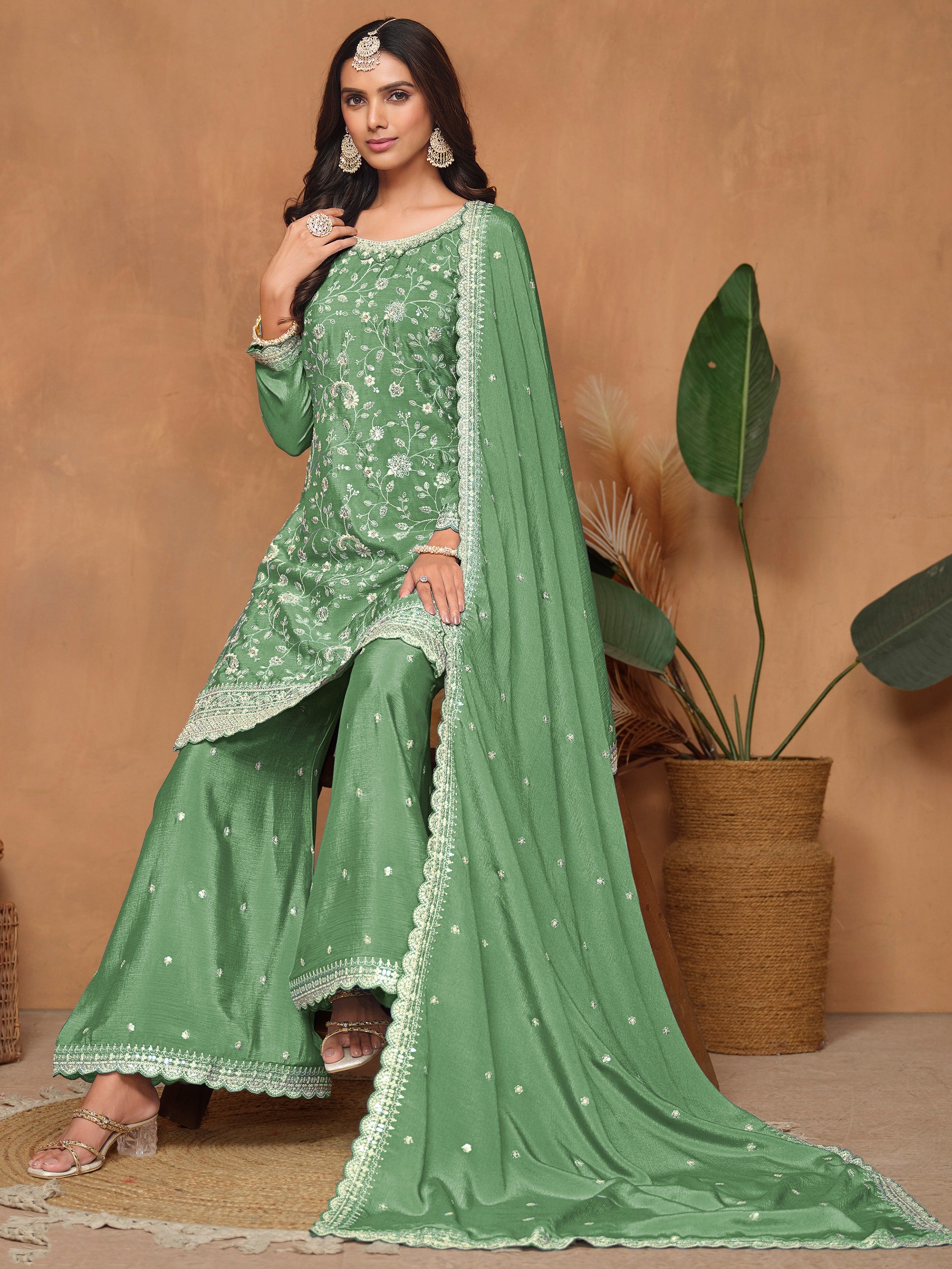 Rich Pista Green Thread Work Chinon Festive Wear Salwar Suit