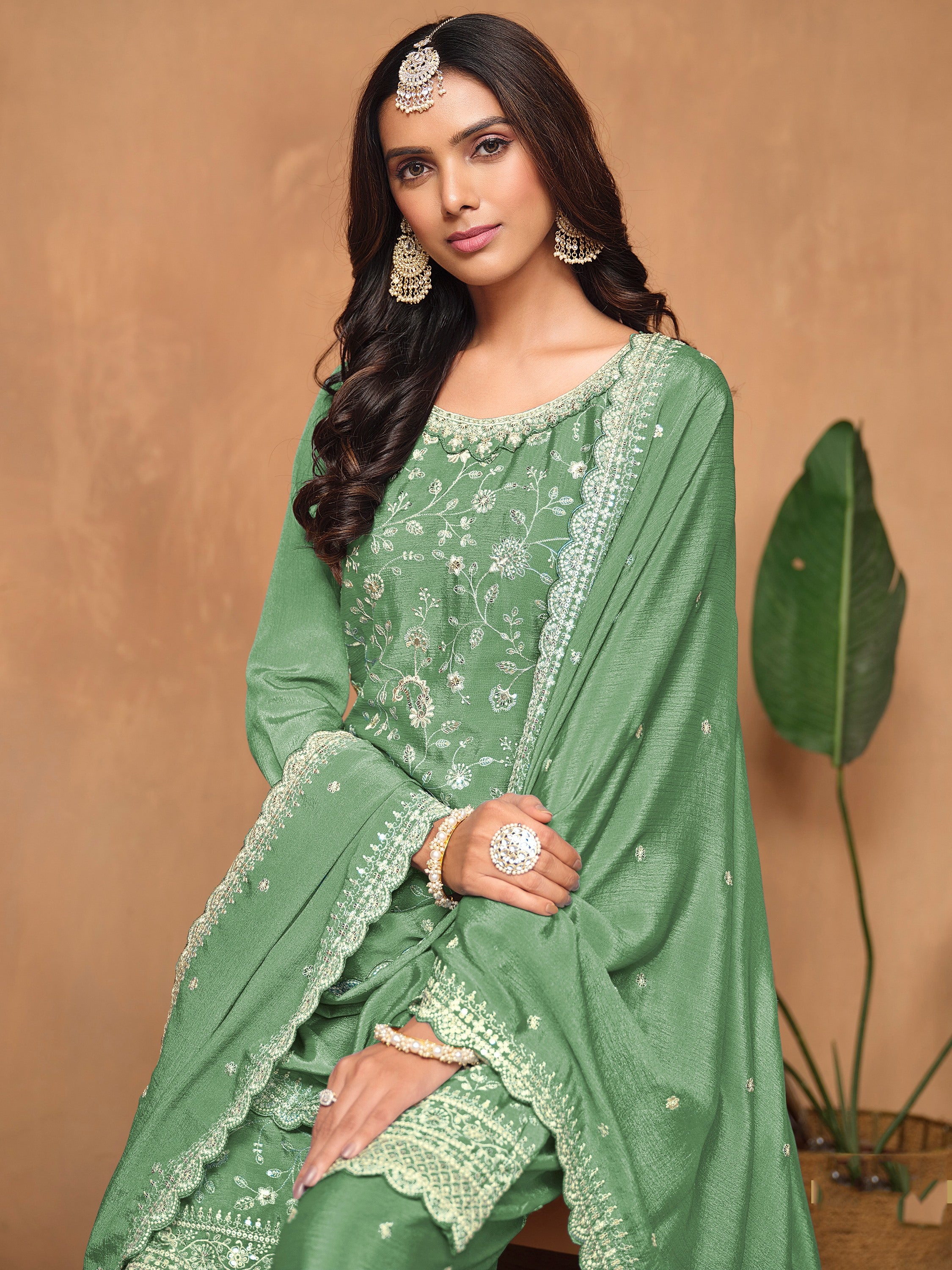 Rich Pista Green Thread Work Chinon Festive Wear Salwar Suit