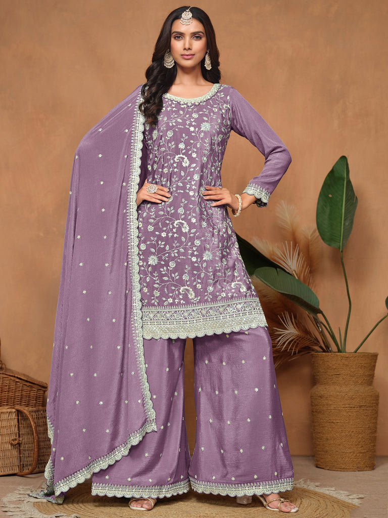 Beautiful Lavender Sequins Chinon Wedding Wear Salwar Suit With Dupatta