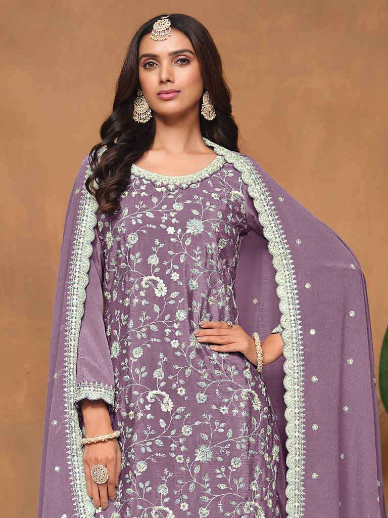Beautiful Lavender Sequins Chinon Wedding Wear Salwar Suit With Dupatta