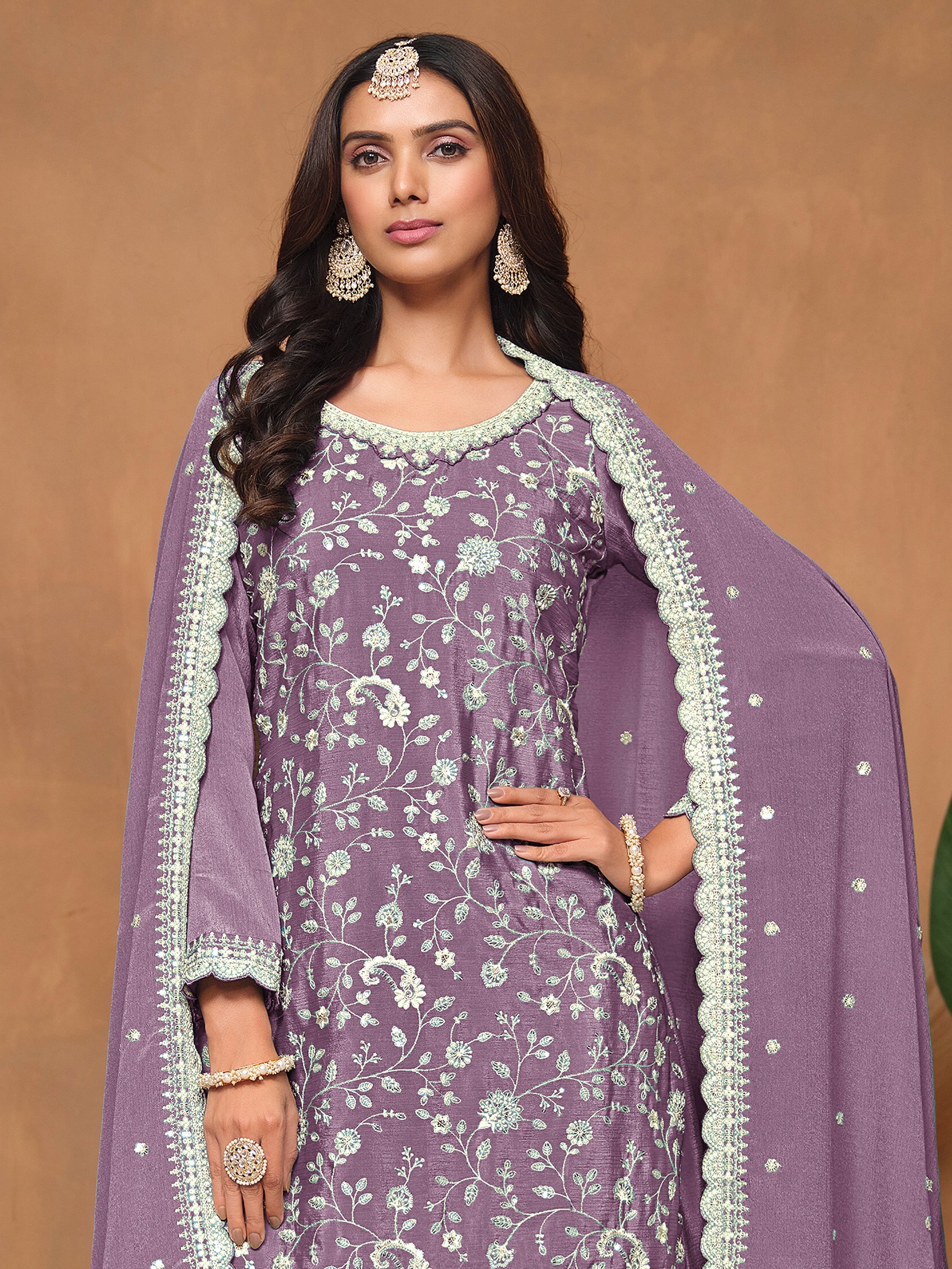 Beautiful Lavender Sequins Chinon Wedding Wear Salwar Suit With Dupatta