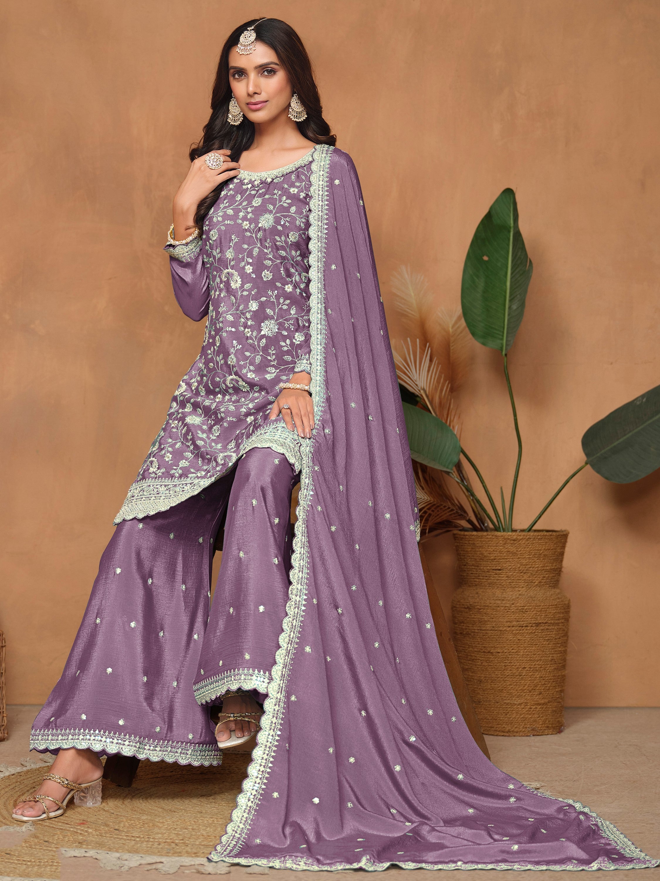 Beautiful Lavender Sequins Chinon Wedding Wear Salwar Suit With Dupatta