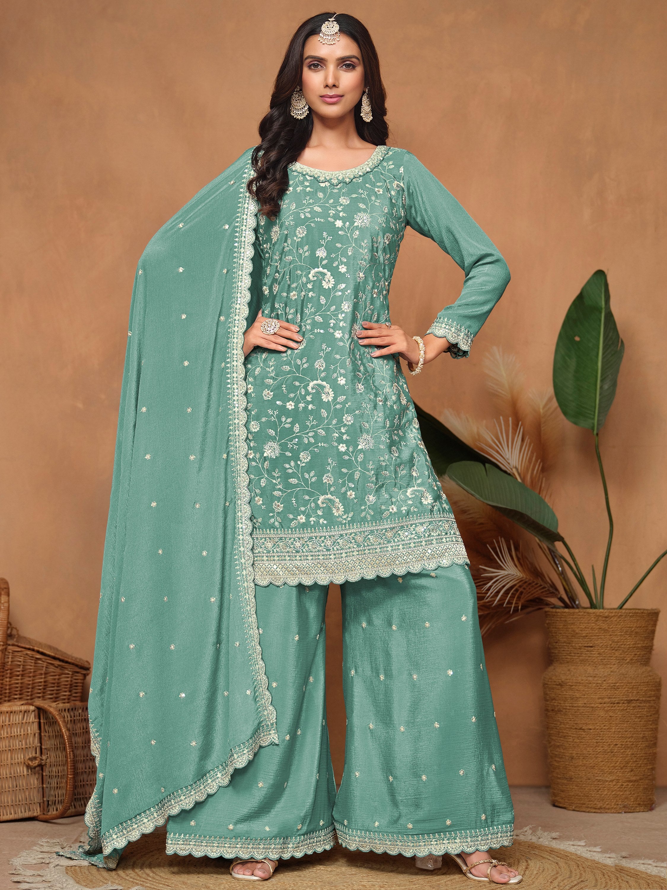 Amazing Sea Green Sequins Chinon Traditional Salwar Suit With Dupatta
