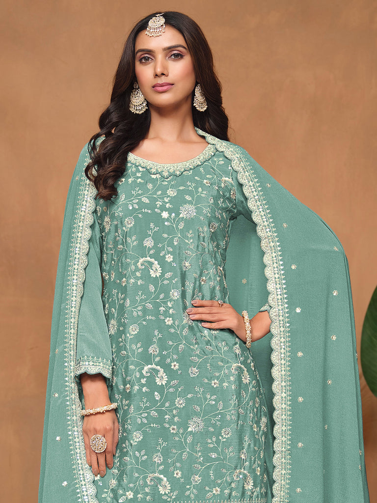 Amazing Sea Green Sequins Chinon Traditional Salwar Suit With Dupatta