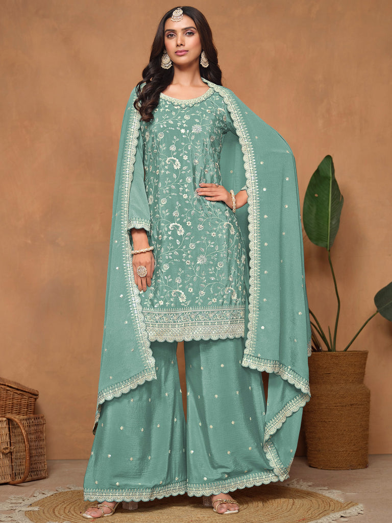 Amazing Sea Green Sequins Chinon Traditional Salwar Suit With Dupatta