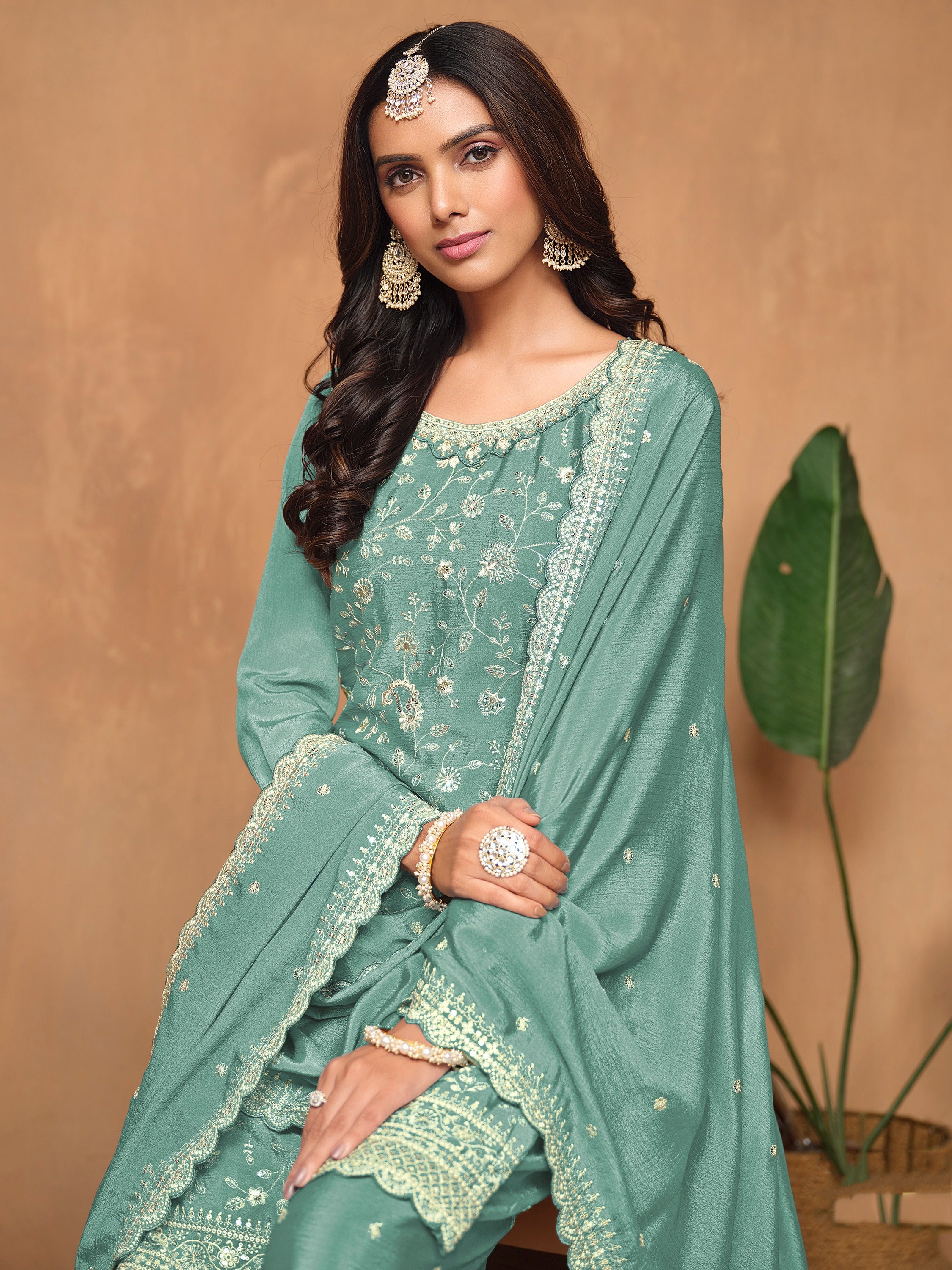 Amazing Sea Green Sequins Chinon Traditional Salwar Suit With Dupatta