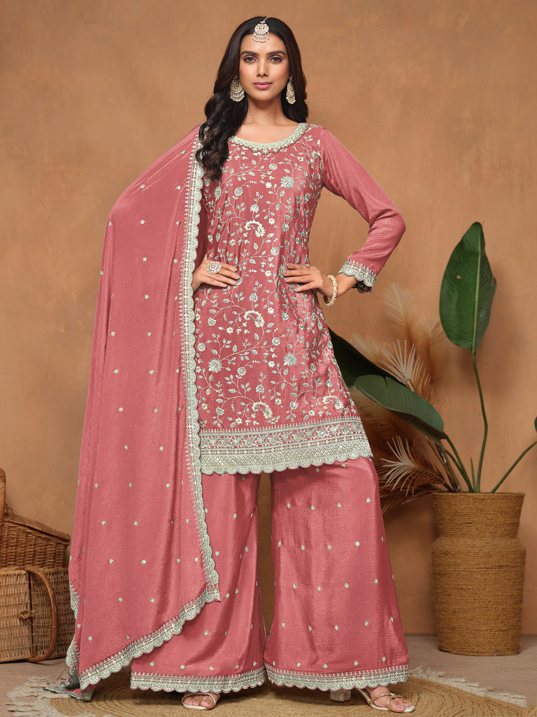Gorgeous Dusty Pink Embroidered Chinon Engagement Wear Salwar Suit