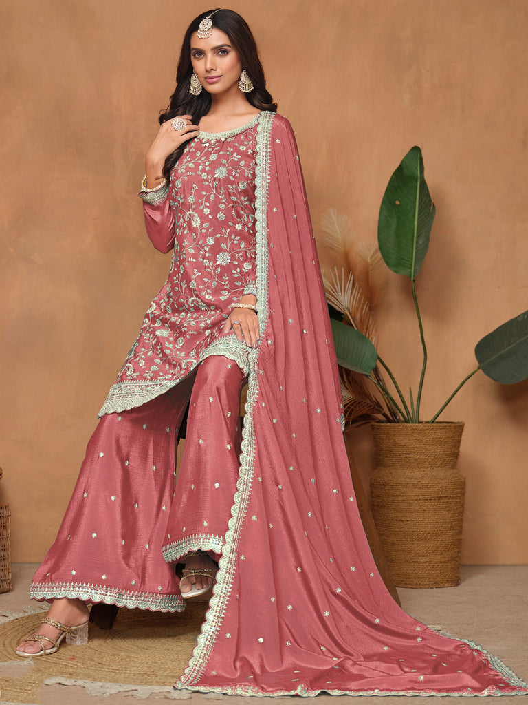 Gorgeous Dusty Pink Embroidered Chinon Engagement Wear Salwar Suit