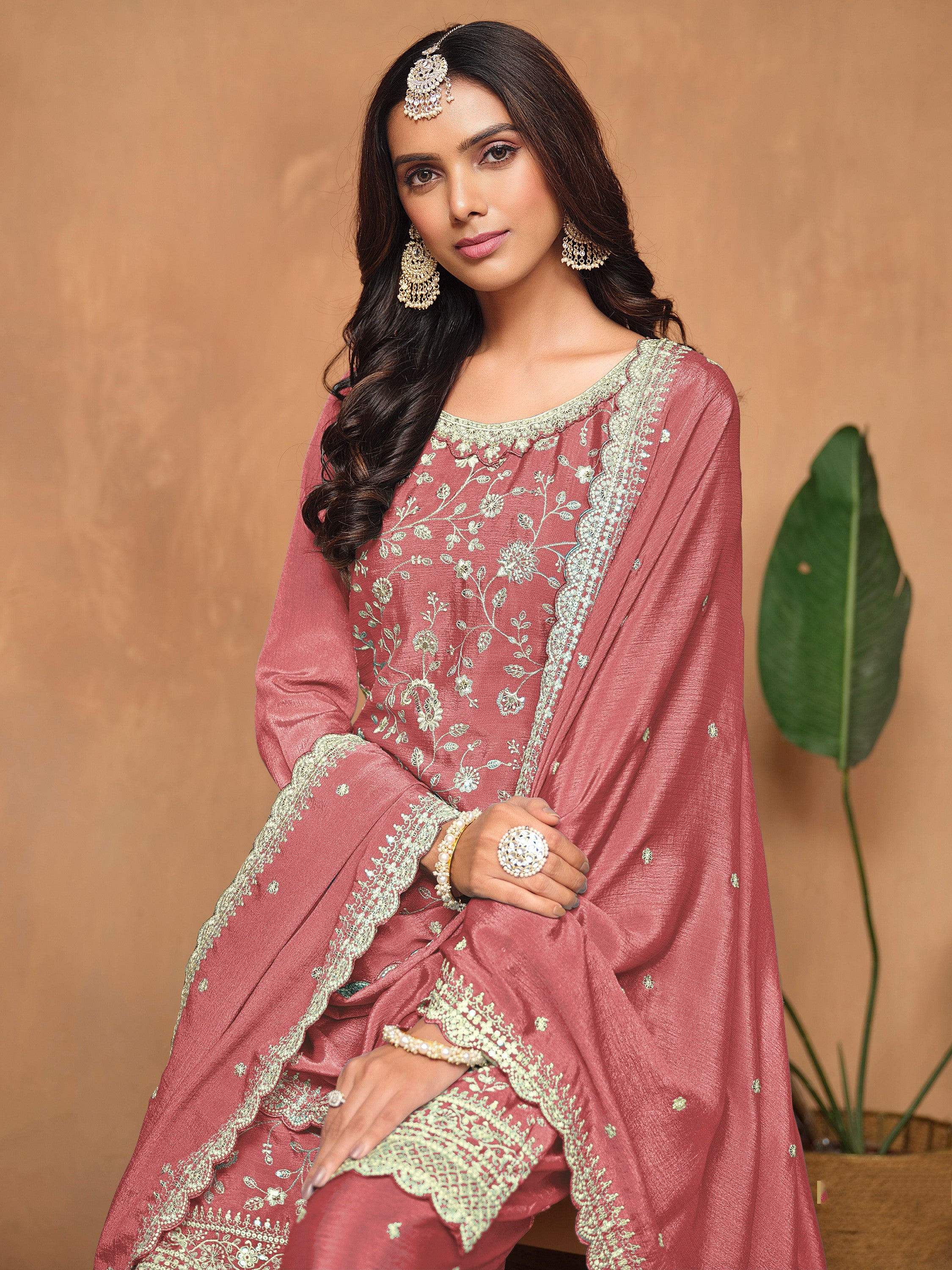 Gorgeous Dusty Pink Embroidered Chinon Engagement Wear Salwar Suit