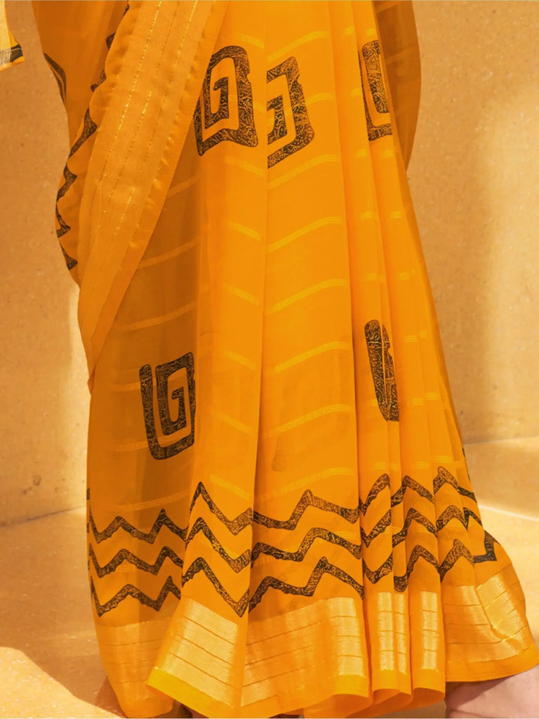 Fantastical Yellow Foil Print Georgette Haldi Wear Saree With Blouse