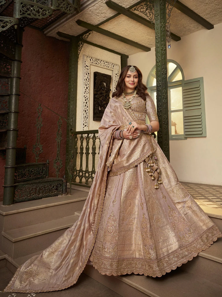 Enchanting Peach Embroidered Silk Wedding Wear Lehenga Choli