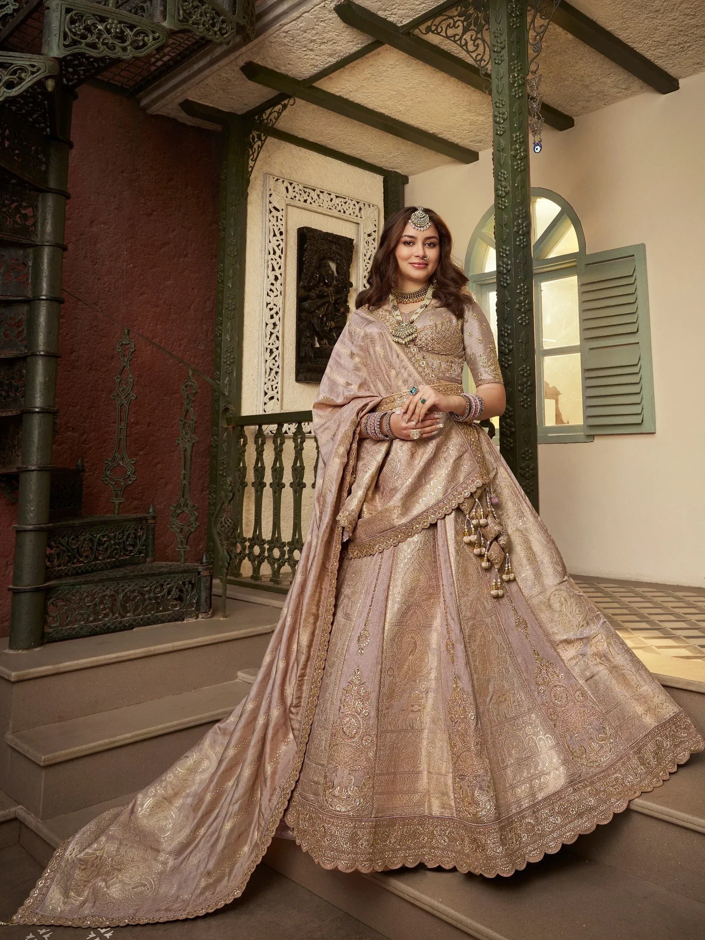 Enchanting Peach Embroidered Silk Wedding Wear Lehenga Choli