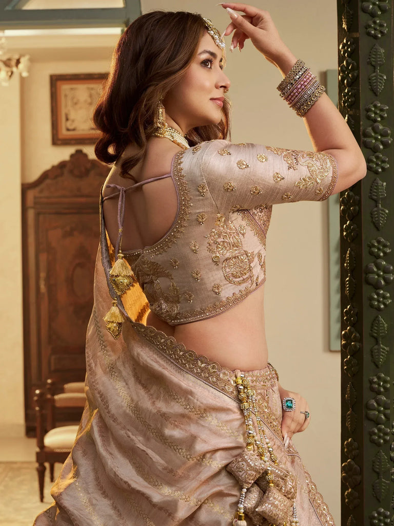 Enchanting Peach Embroidered Silk Wedding Wear Lehenga Choli