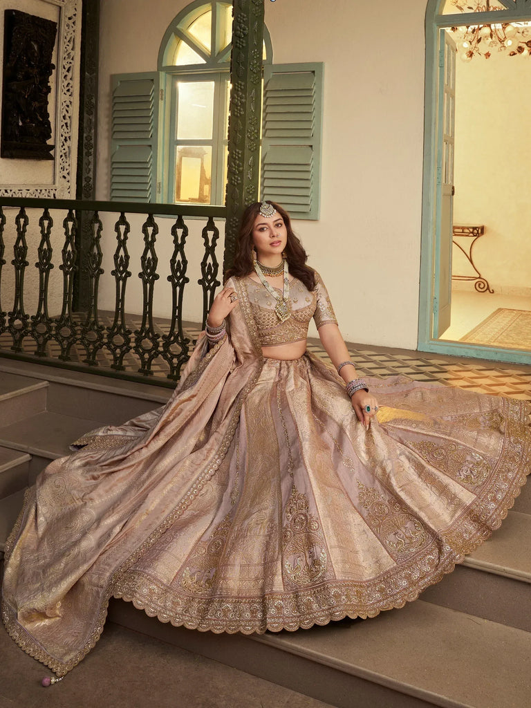 Enchanting Peach Embroidered Silk Wedding Wear Lehenga Choli