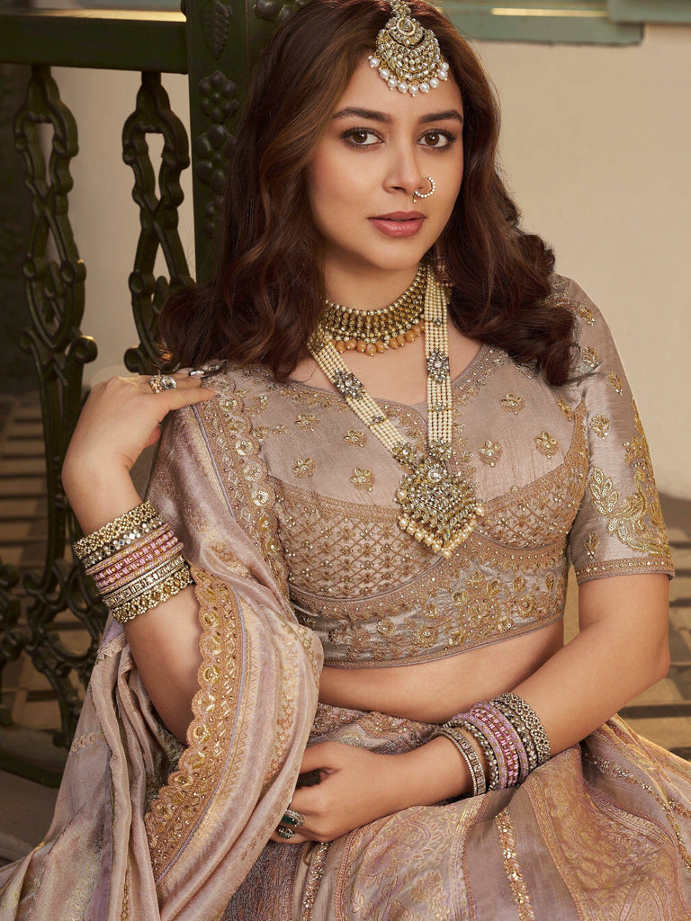 Enchanting Peach Embroidered Silk Wedding Wear Lehenga Choli