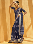 Pretty Navy Blue Foil Print Georgette Festival Wear Saree With Blouse