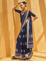 Pretty Navy Blue Foil Print Georgette Festival Wear Saree With Blouse