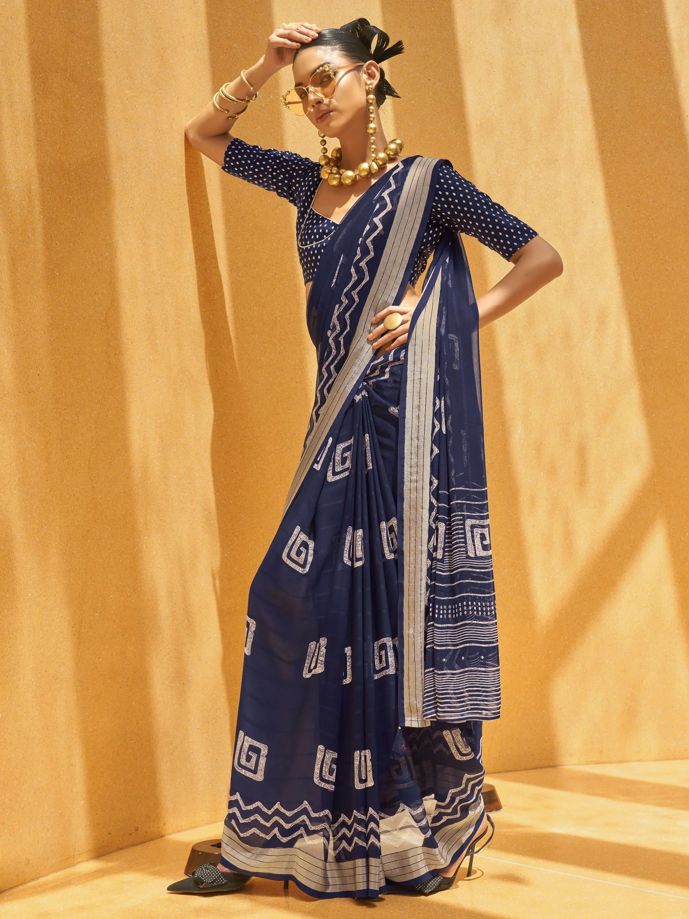 Pretty Navy Blue Foil Print Georgette Festival Wear Saree With Blouse