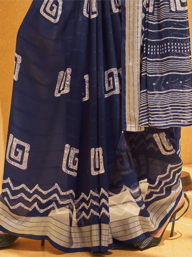 Pretty Navy Blue Foil Print Georgette Festival Wear Saree With Blouse