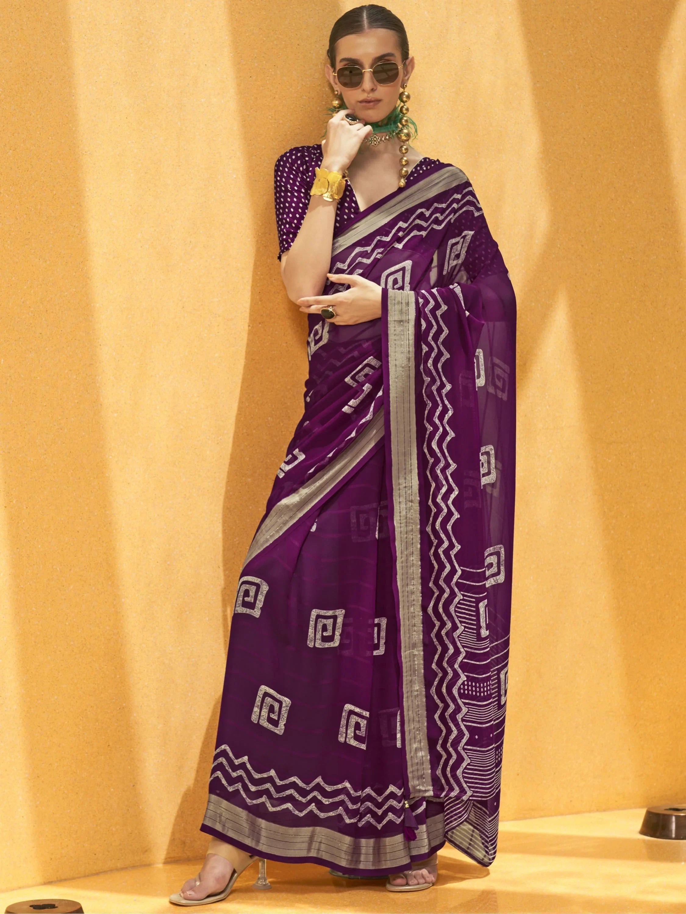 Lovely Purple Foil Print Georgette Casual Wear Saree With Blouse