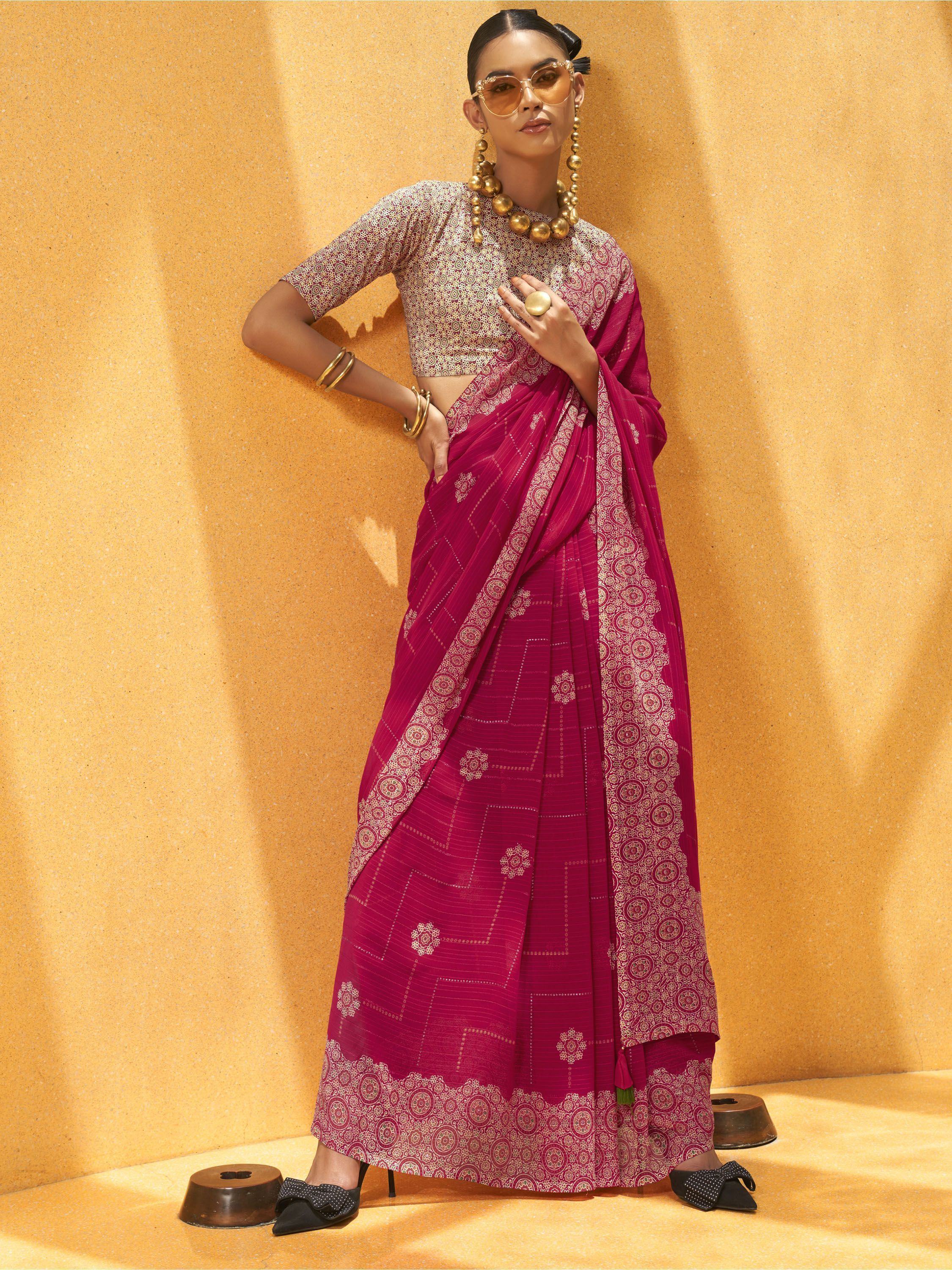 Attractive Pink Foil Print Georgette Casual Wear Saree With Blouse