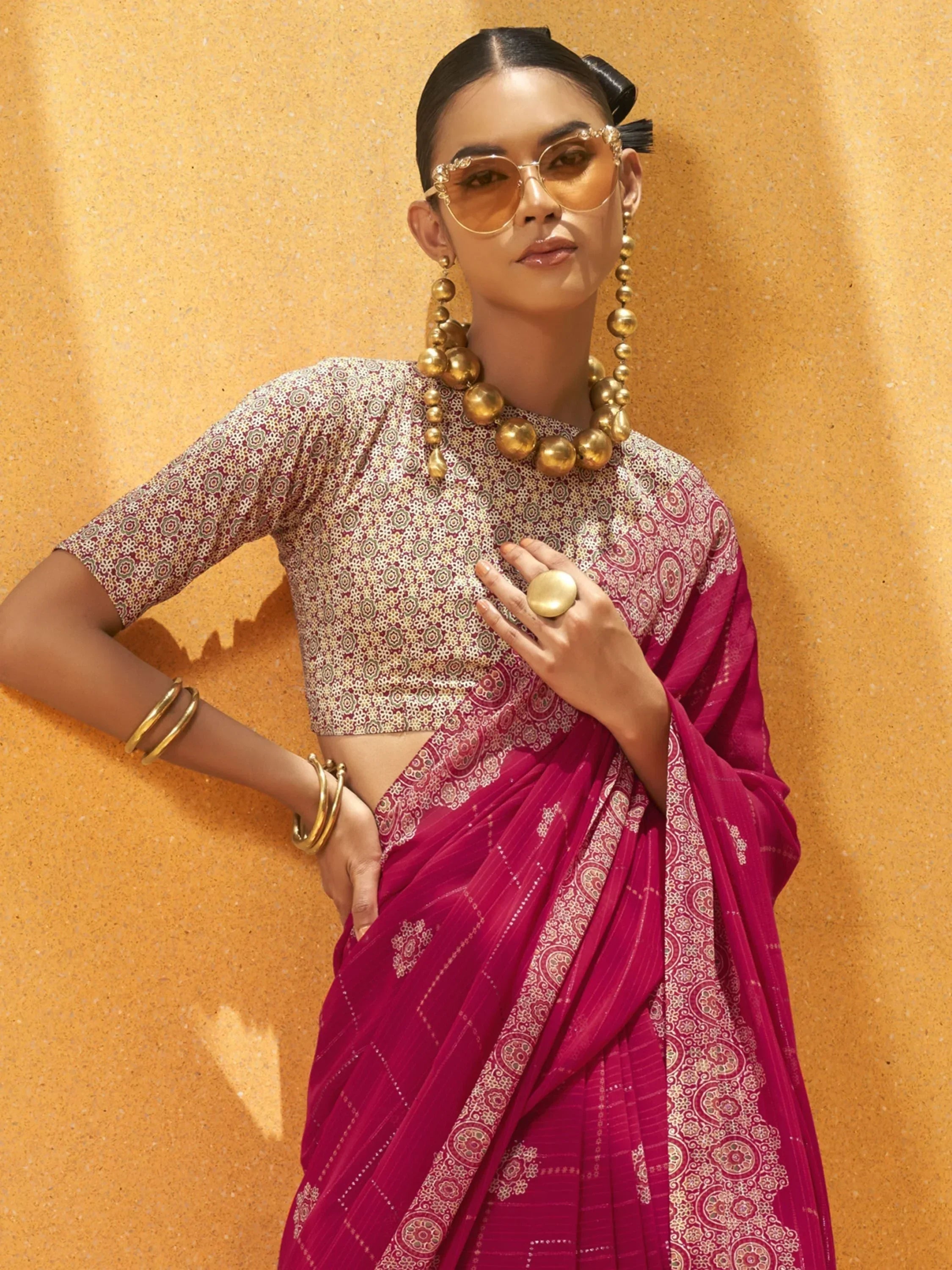 Attractive Pink Foil Print Georgette Casual Wear Saree With Blouse