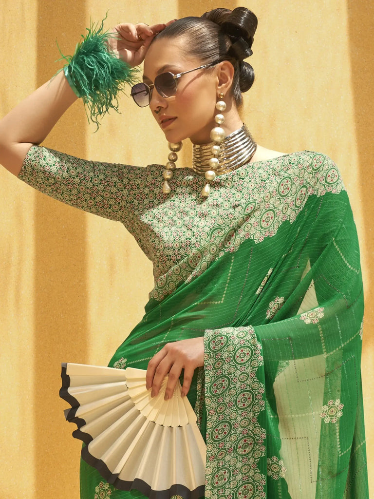 Fetching Green Foil Print Georgette Festival Wear Saree With Blouse