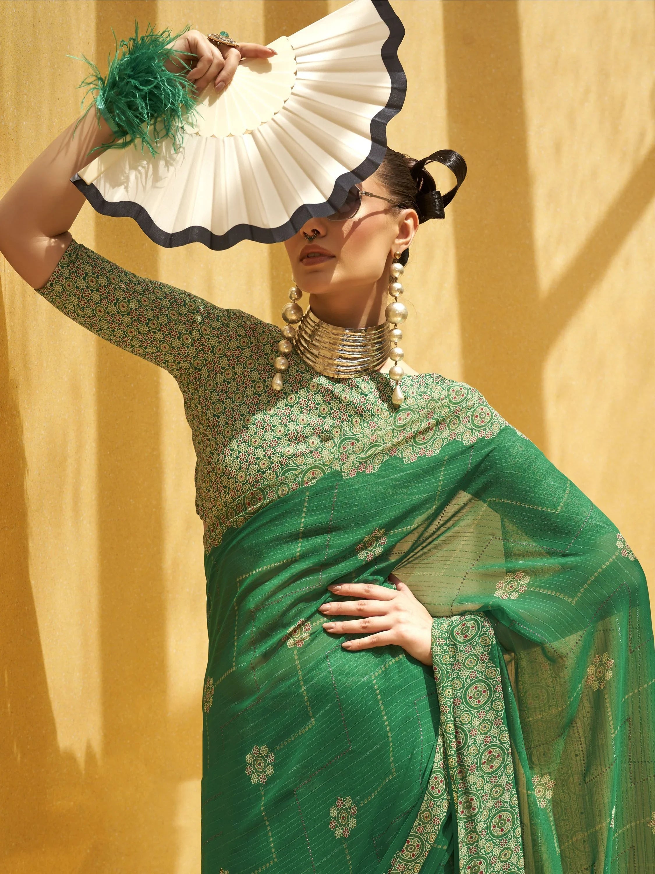 Fetching Green Foil Print Georgette Festival Wear Saree With Blouse