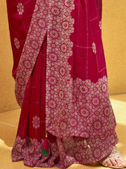 Beautiful Rani Pink Foil Print Georgette Festival Wear Saree With Blouse