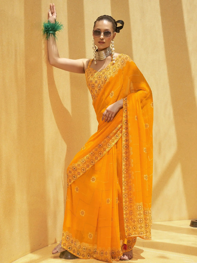 Adorable Yellow Foil Print Georgette Function Wear Saree With Blouse