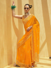 Adorable Yellow Foil Print Georgette Function Wear Saree With Blouse