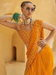 Adorable Yellow Foil Print Georgette Function Wear Saree With Blouse