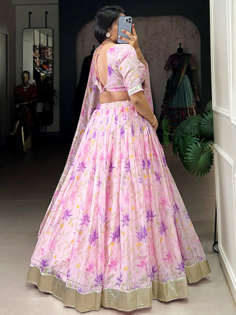 Outstanding Purple Floral Printed Silk Bridesmaid Lehenga Choli