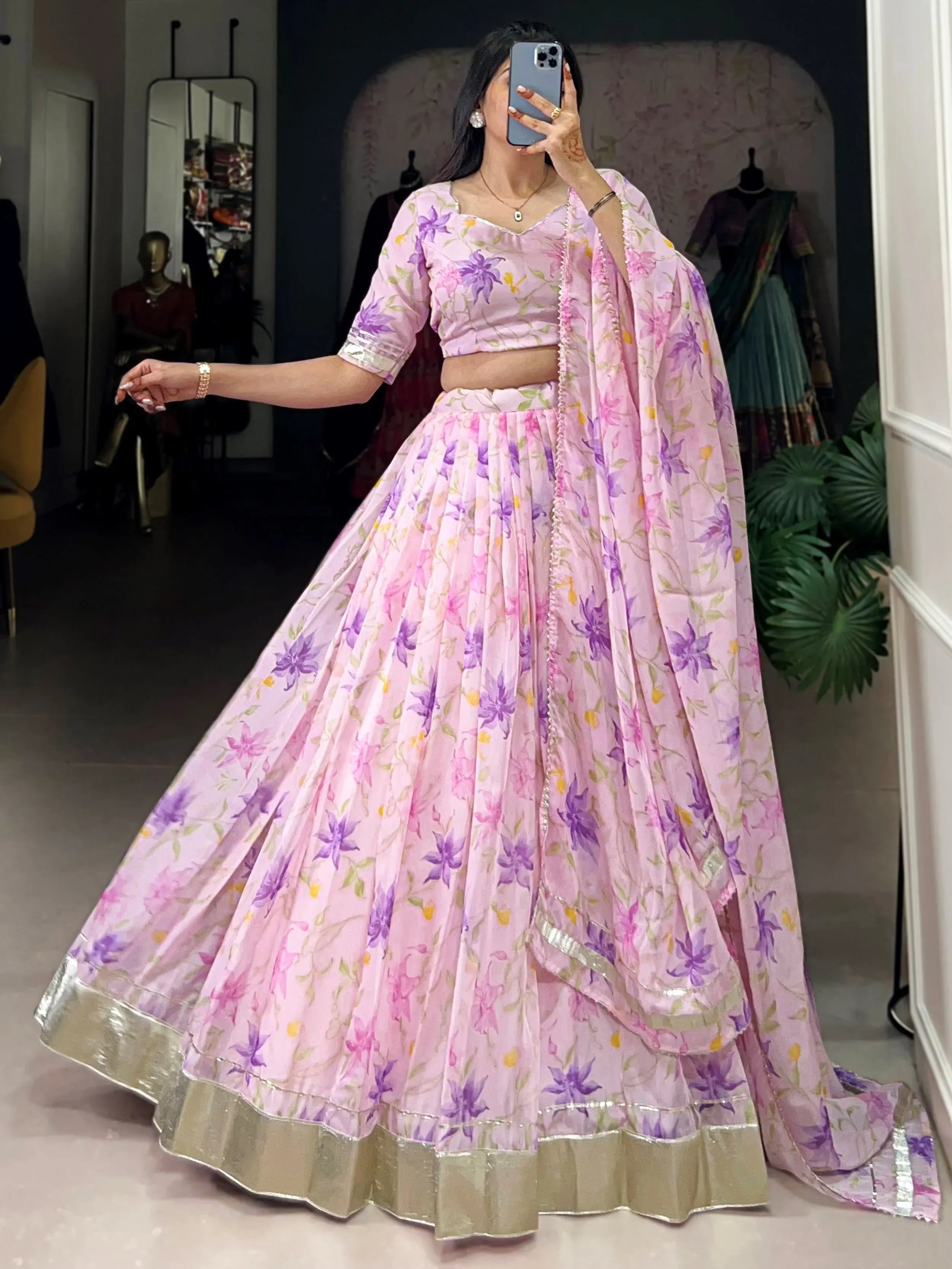 Outstanding Purple Floral Printed Silk Bridesmaid Lehenga Choli