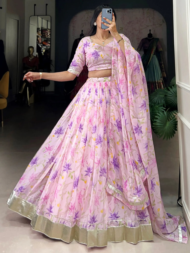 Outstanding Purple Floral Printed Silk Bridesmaid Lehenga Choli