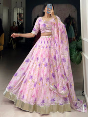 Outstanding Purple Floral Printed Silk Bridesmaid Lehenga Choli