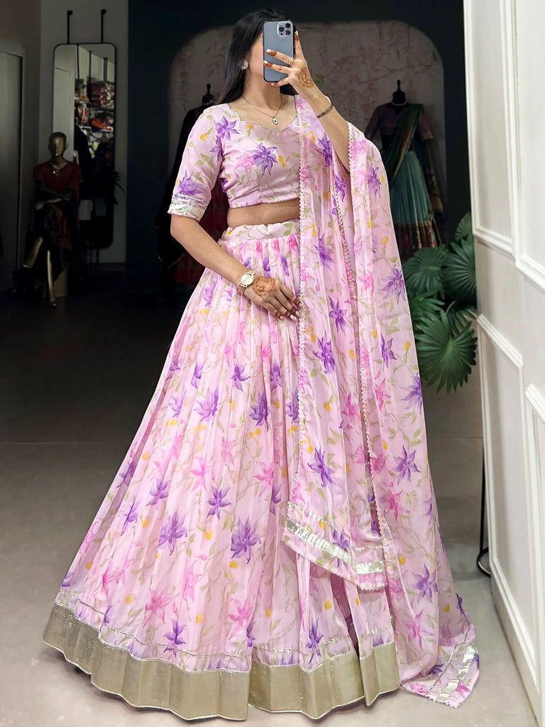 Outstanding Purple Floral Printed Silk Bridesmaid Lehenga Choli