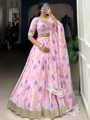 Outstanding Purple Floral Printed Silk Bridesmaid Lehenga Choli