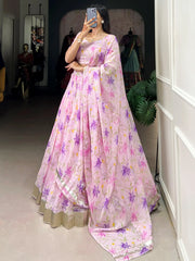 Outstanding Purple Floral Printed Silk Bridesmaid Lehenga Choli