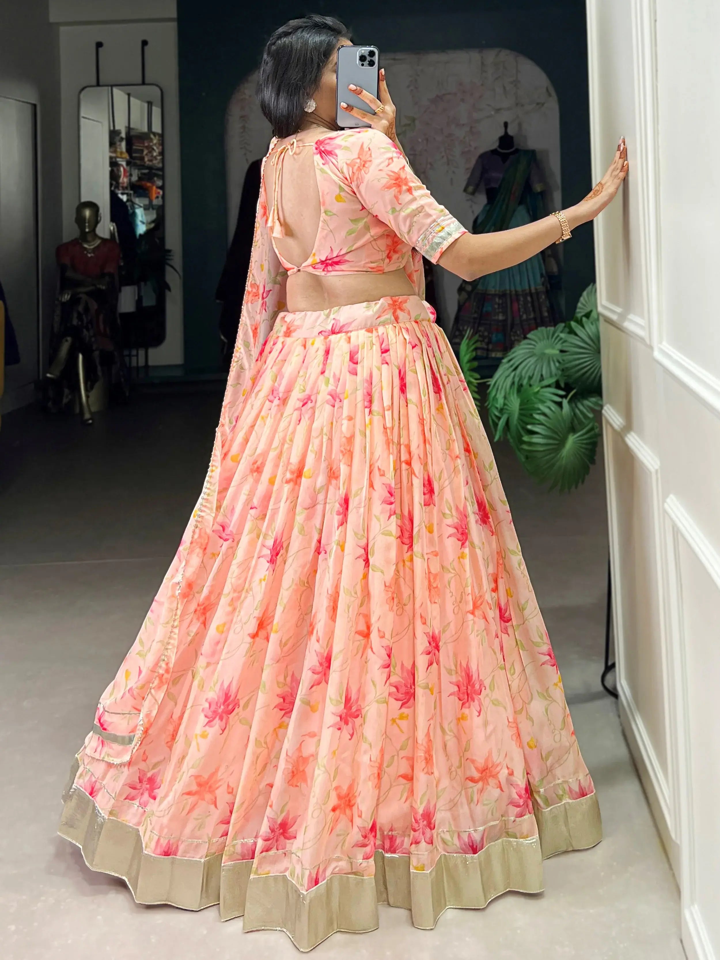 Stunning Peach Floral Printed Silk Festive Wear Lehenga Choli