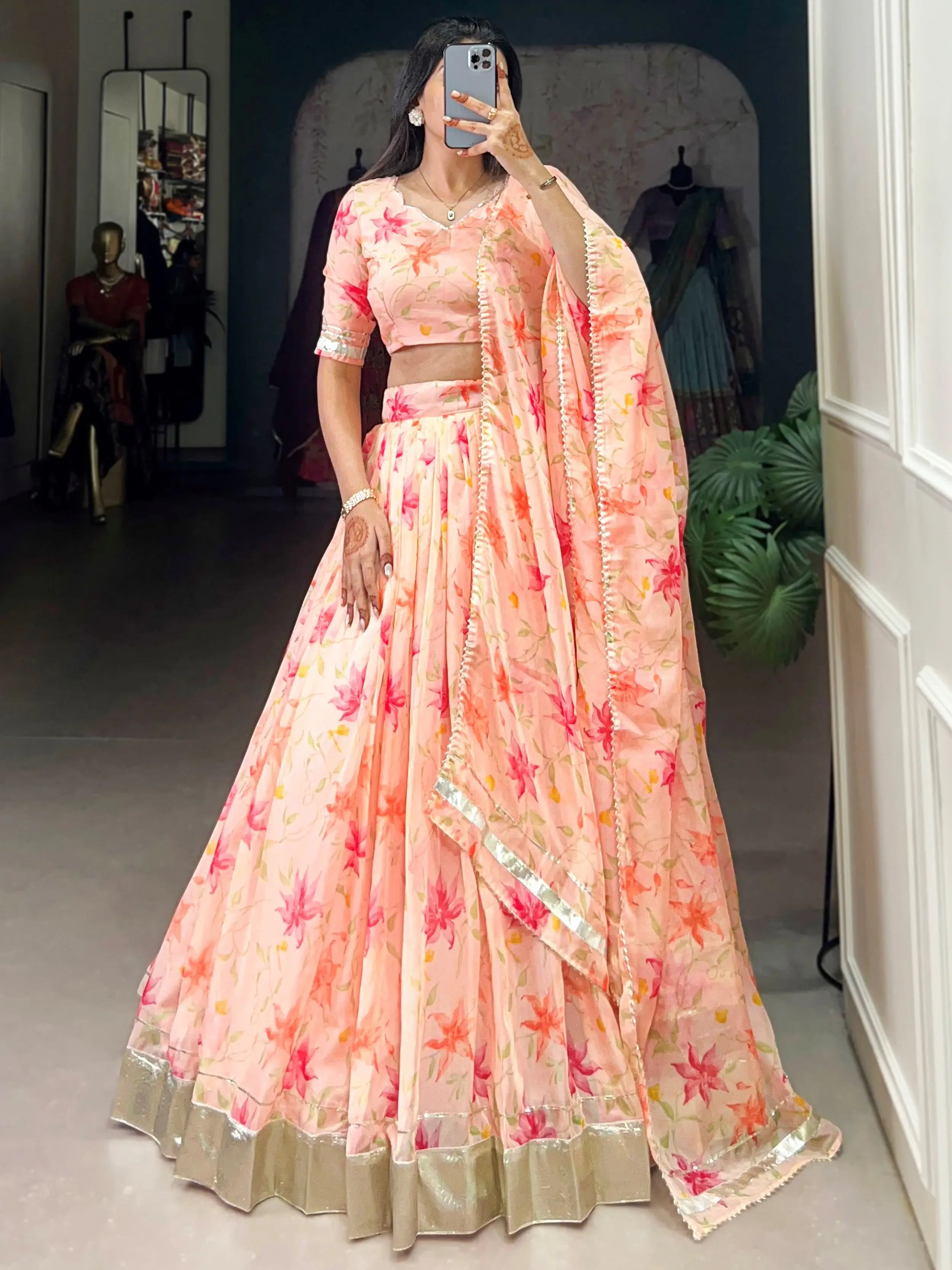 Stunning Peach Floral Printed Silk Festive Wear Lehenga Choli