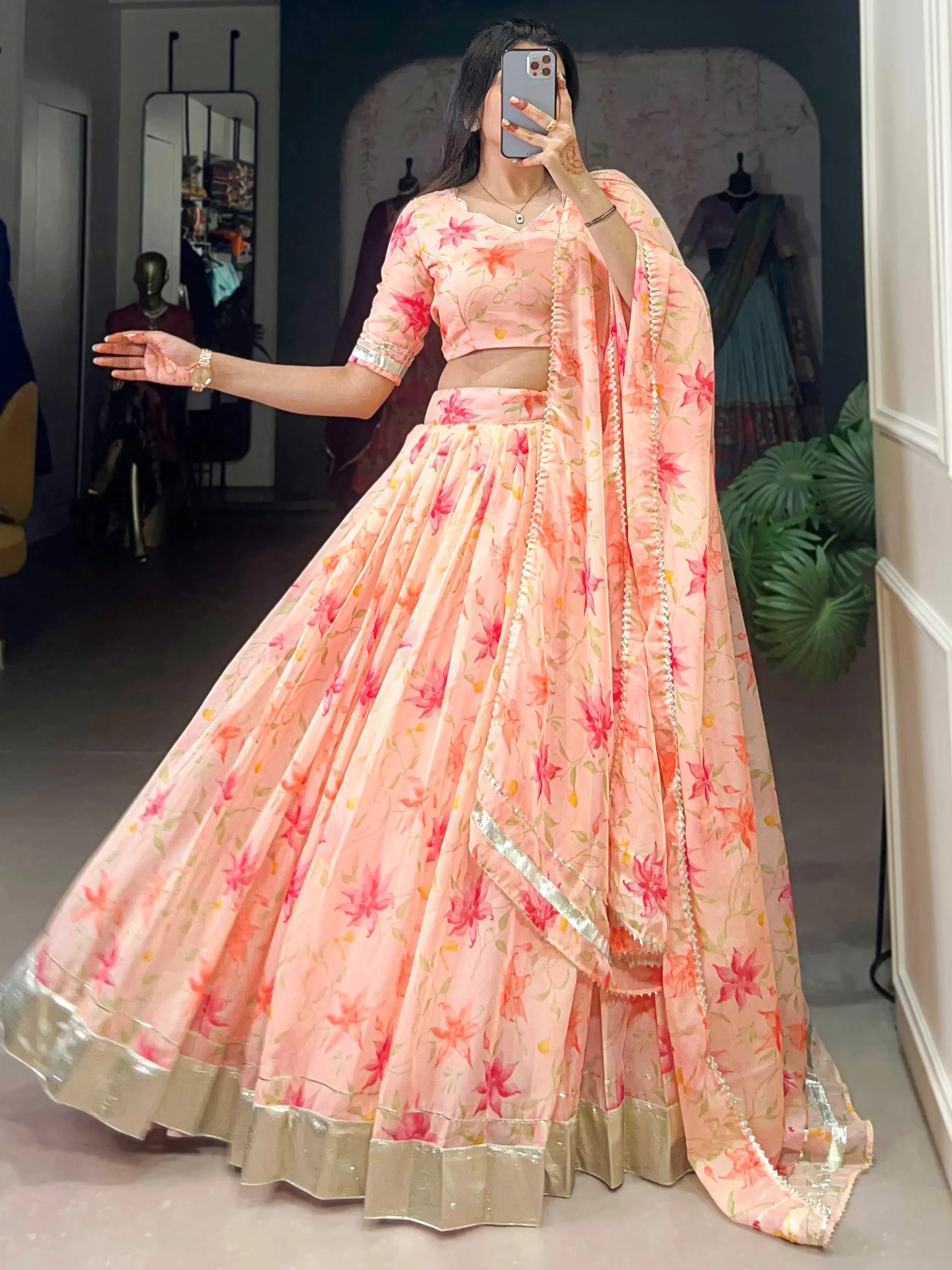 Stunning Peach Floral Printed Silk Festive Wear Lehenga Choli