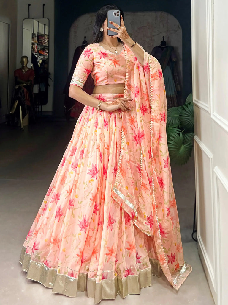 Stunning Peach Floral Printed Silk Festive Wear Lehenga Choli