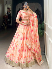 Stunning Peach Floral Printed Silk Festive Wear Lehenga Choli