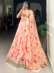 Stunning Peach Floral Printed Silk Festive Wear Lehenga Choli