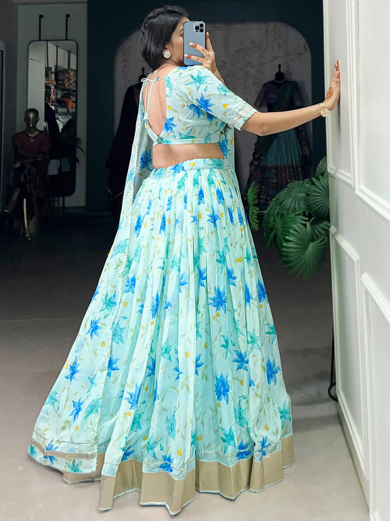 Attractive Sky Blue Floral Printed Silk Festive Wear Lehenga Choli