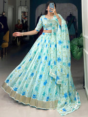 Attractive Sky Blue Floral Printed Silk Festive Wear Lehenga Choli